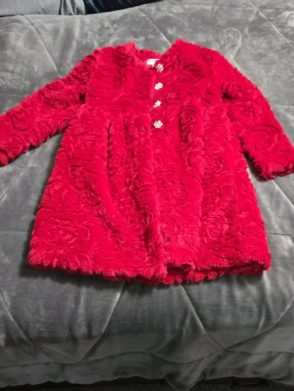 Blueberi Boulevard Red Faux Fur Rosette Coat